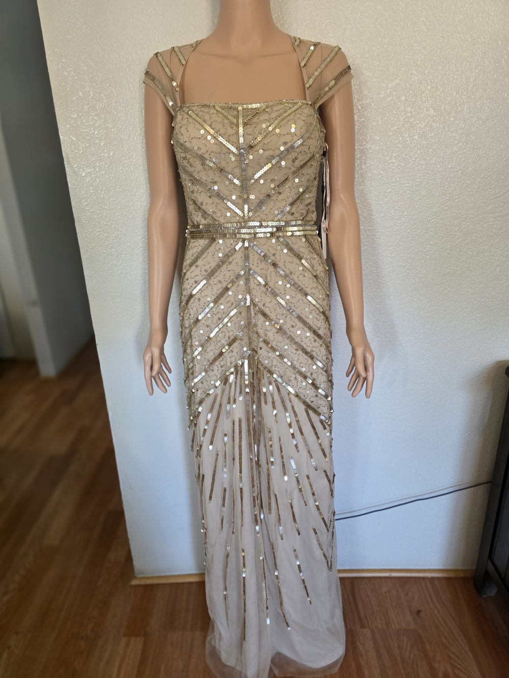 Adrianna Papell Gold Sequin Maxi Gown with Cap Sleeves - Picture 1 of 3